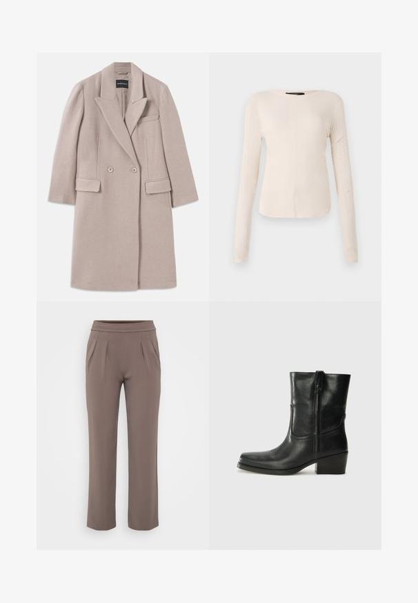 Beige színű, dupla soros gyapjú kabát, élekkel, két elülső hajtókás zsebből, egy mellzsebből és hosszú ujjakból áll.; Hosszú ujjú, világos bézs blúz kerek nyakkivágással. Puha anyagból készült, középső varrással és enyhén ívelt szegéllyel rendelkezik. Nincs rajta látható fémrész.; Taupe színű, lazán szabott nadrág, gumis derékkal és elülső pliszírozással, sima anyagból készült.; Fekete bőr bokacsizma lekerekített orral, blokk sarkúval, oldalsó cipzárral és varrásos díszítéssel az elején. Simább textúra, klasszikus dizájn.