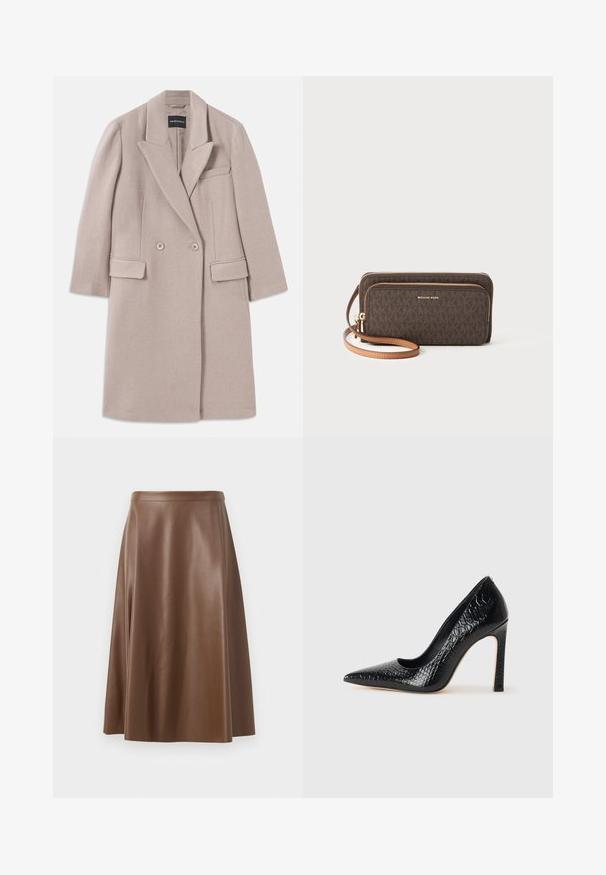 Beige divkārša vilnas mēteli ar izgrieztiem atlapa, divi priekšējie kabatas ar atlapi, krūšu kabatiņa un garas piedurknes.; Melna tops ar plānām spaghetti siksniņām, izgatavots no ribota auduma, ar taisnu griezumu un uzrakstu uz kakla izgriezuma "IVY OAK."; Brūna ādas A-veida svārki ar gludu tekstūru un vidēju garumu. Iezīmēts ar piegulstošu jostasvietu un nelielu izplešanos no gurniem.; Melni augstpapēžu apavi ar norādītu purngalu, ar krokodila ādas tekstūru, izceļoties ar elegantu dizainu, augstu stiletto papēdi un gludu melnu interjeru.; Brūns rakstains maku ar rāvējslēdzēju, zelta detaļām un noņemamu gaiši brūnu siksniņu. Priekšpusē ir "MICHAEL KORS" logo.