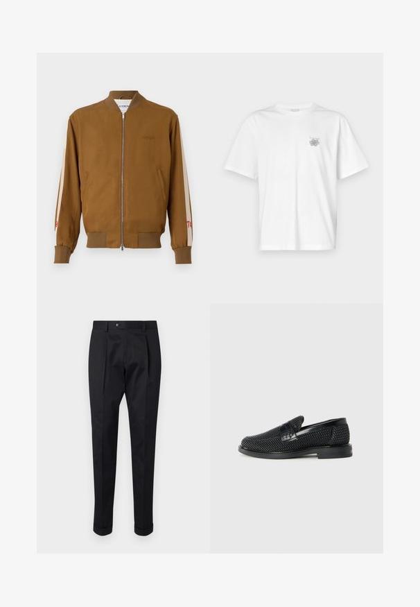 Brown bomber jacket with ribbed hem and cuffs, zip closure, side pockets, and beige accent stripes featuring red number detail.; White t-shirt made of cotton featuring short sleeves, a crew neck, and a small gray logo on the left chest area. Smooth texture.; Black trousers made of a smooth fabric, featuring a fold at the front, a button closure, and rolled cuffs at the ankle.; Black woven slip-on shoe with a smooth leather accent on the upper, a round toe design, and a low-profile rubber sole.