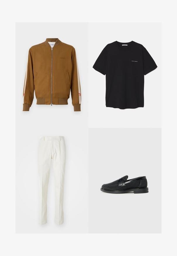 Brown bomber jacket with ribbed hem and cuffs, zip closure, side pockets, and beige accent stripes featuring red number detail.; Black cotton T-shirt with a crew neck, short sleeves, and a white logo print on the left chest. Simple, solid color design.; White trousers made of cotton, featuring a straight-leg design, flat front, and no visible patterns or hardware. Smooth texture.; Black woven slip-on shoe with a smooth leather accent on the upper, a round toe design, and a low-profile rubber sole.