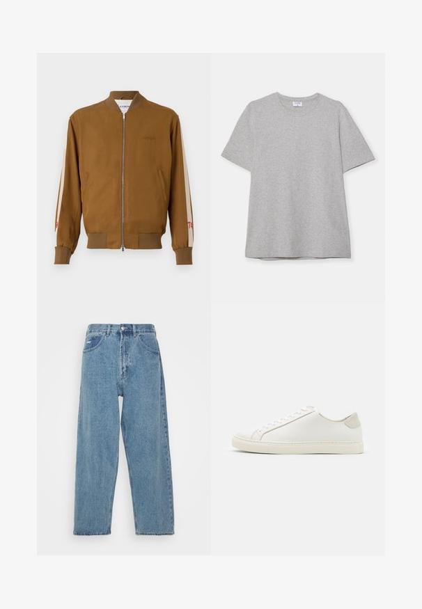 Hnedá bomberská bunda s rebrovaným lemom a manžetami, zipsovým zapínaním, bočnými vreckami a béžovými akcentovými pruhmi s červenými číslami.; Sivá krátke rukávové tričko vyrobené z mäkkej, textúrnej látky. Má klasický okrúhly výstrih a rovný lem, ideálne na neformálne nosenie.; Svetlo modré džínsy s vysokým pásom a voľným strihom, s dvoma prednými vreckami, zadným nášivkovým vreckom a zapínaním na gombík.; Biele kožené tenisky s hladkým povrchom, okrúlym špičkou a minimalistickým dizajnom. Obsahujú béžové akcenty na päte a gumovú podrážku.