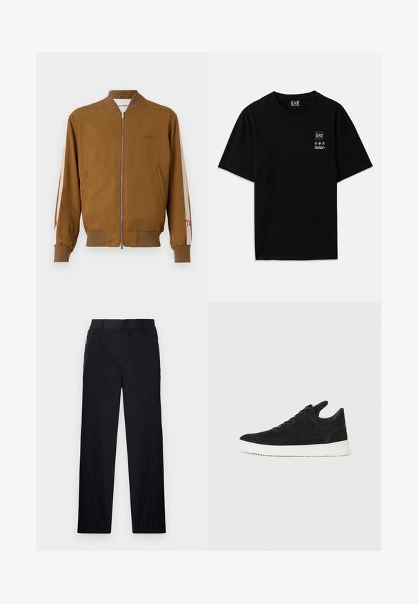 Brown bomber jacket with ribbed hem and cuffs, zip closure, side pockets, and beige accent stripes featuring red number detail.; Black cotton t-shirt with short sleeves, a crew neck, and a small logo tag on the front featuring care symbols in white.; Black trousers featuring a lightweight, textured fabric, straight-leg design, elastic waistband, and side zip pockets.; Black suede sneaker with a white rubber sole, featuring tonal stitching and lace-up design. Smooth texture with a modern, streamlined shape.
