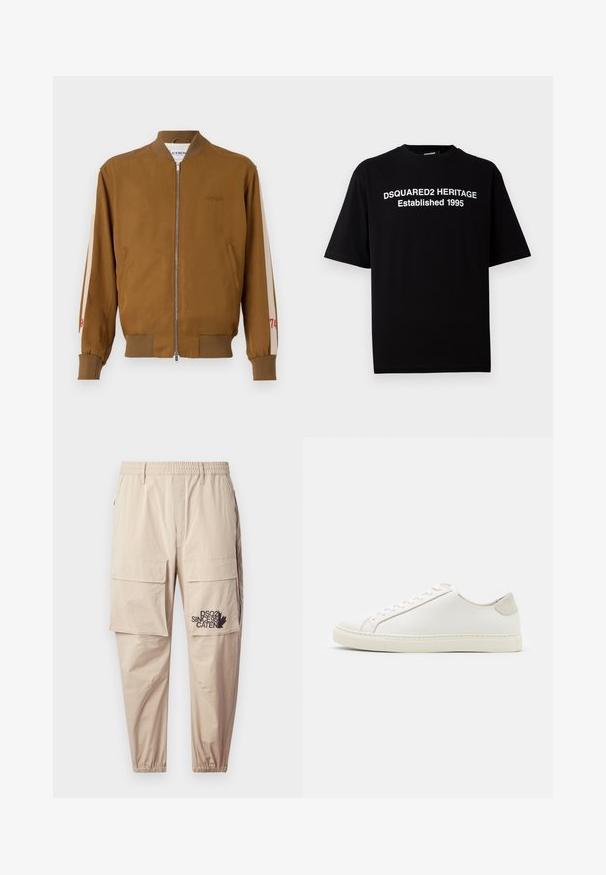 Ruda bombinė striukė su grioveliais apatinėje dalyje ir rankogaliuose, užtrauktuku, šoninėmis kišenėmis ir smėlio spalvos akcentų juostomis su raudonais skaičiaus detalėmis.; Juodas trumpomis rankovėmis medvilninis marškinėlis su apvaliu kaklu, priekyje su balta užrašu: "DSQUARED2 HERITAGE Įkurtas 1995".; Šviesiai rudos kargo kelnės, pagamintos iš lengvos medžiagos, su elastingu juosmeniu, užtrauktukų kišenėmis ir spausdintu logotipu kairėje kojoje.; Baltos odinės sportinės avalynės, lygiu paviršiumi, apvaliu nosiu ir minimalistiniu dizainu. Su smėlio spalvos akcentais ant kulno ir guminis padas.
