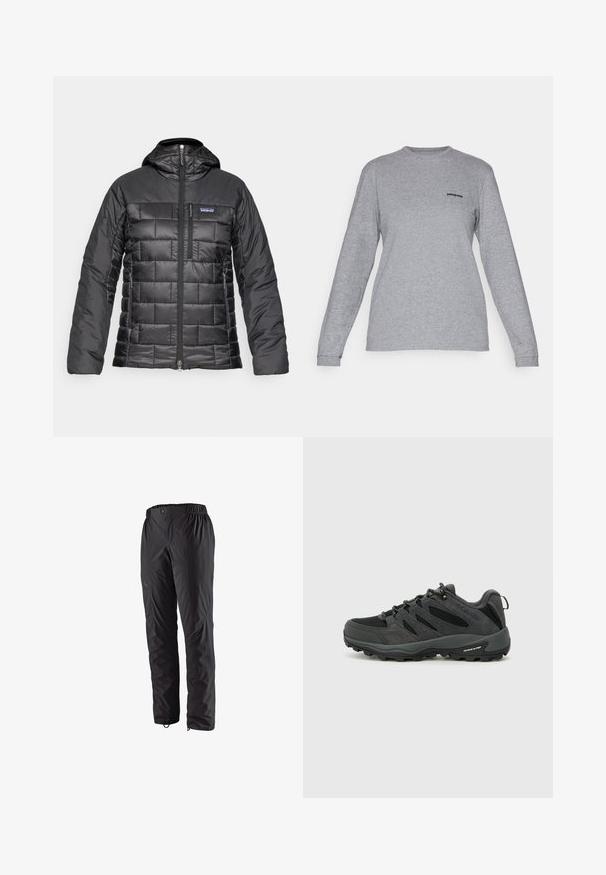 Casaco puffer preto com fecho à frente, capuz, padrões em chevron e quadrados acolchoados, e um pequeno logo na área esquerda do peito.; Patagonia LOGO RESPONSIBILI-TEE - Camisola de manga comprida - gravel heather; Calças impermeáveis pretas com cintura elástica, bolsos laterais com fecho, pernas ajustadas e textura suave. Adequadas para atividades ao ar livre.; Columbia REDMOND - Sapatos de caminhada - black/citron haze