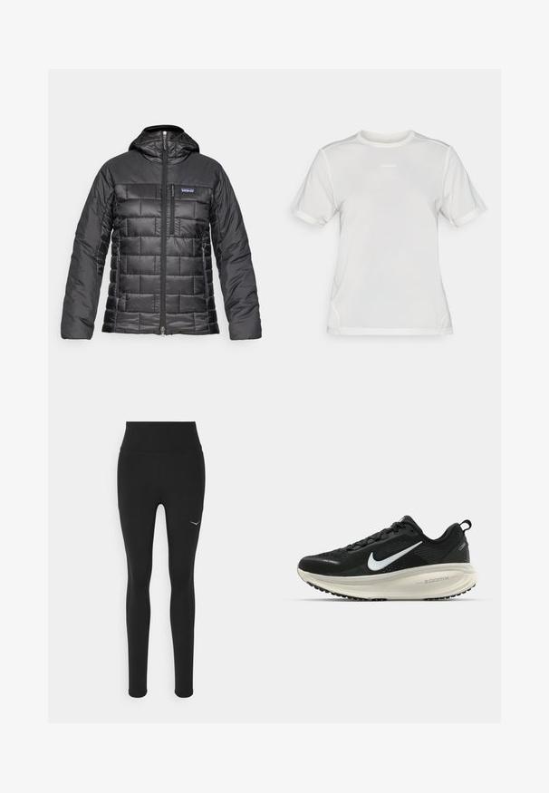 Melnā pūkainā jaka ar frontā esošu rāvējslēdzēju, kapuci, ševronu un kvadrātveida quiltēšanas rakstiem, kā arī nelielu logotipu kreisajā krūšu zonā.; Balts īsām piedurknēm sporta režīms krekls ar apaļu kakla izgriezumu un mazu "Salomon" logotipu centrā uz krūtīm.; Melnas legingu bikses ar augstu jostasvietu, izgatavotas no elastīga materiāla. Izkādes detaļas ar mazu baltu logotipu kreisajā pusē.; Melnas Nike skriešanas kurpes ar elpojošu acs augšdaļu, baltu Swoosh logotipu, strukturētu apdari un krēmkrāsas ZoomX starpsole.