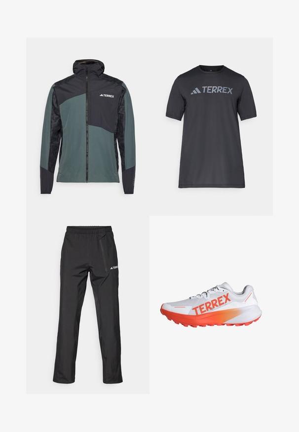 Chaqueta ligera e impermeable en verde oscuro y negro, con cremallera frontal, capucha y un panel con diseño en las mangas. Logo de la marca en el pecho.; Camiseta negra de manga corta hecha de un tejido ligero, con un logotipo en gris claro "TERREX" en el pecho y cuello redondo.; Pantalones ligeros negros para exteriores con cintura elástica, bolsillos con cremallera y logo impreso. Textura suave y corte de pierna recta.; Zapatilla de running blanca con acentos en naranja brillante y la marca "TERREX". Cuenta con una parte superior de malla texturizada y una suela acolchada con tacos de tracción.