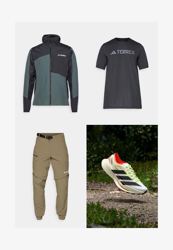 Kergesti kantav, veekindel jakk tumesinises ja mustas värvitoonis, millel on lukk ees, kapuuts ja mustriline paneel varrukatel. Brändi logo rinnal.; Must musta t-särk, mis on valmistatud kergetest kangast, millel on kergehall "TERREX" logo rinnaeest ja ümar kaelus.; Beežid vabaajapüksid vööga, külgedel tõmblukuga taskud ja elastsed mansetid. Omavad mitmekülgsust võimaldavat eemaldatavat disaini ja siledat tekstuuri.; Kerge valge jooksujalats mustade triipude, punaste detailide ja kollaste paeltega; omab tekstuuriga pealset ja pehmendusega tallga.