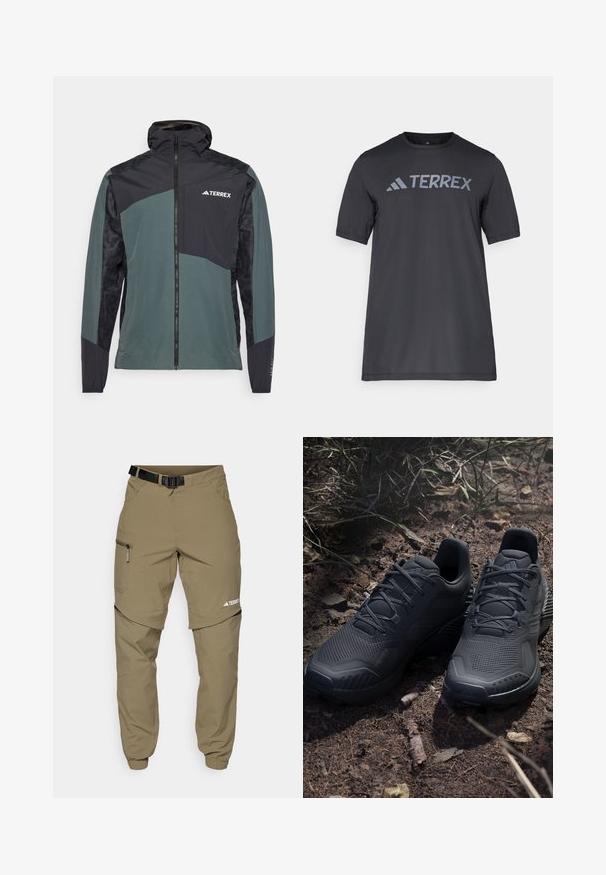 Letvægts, vandtæt jakke i mørkegrøn og sort med lynlås foran, hætte og mønstret panel på ærmerne. Brandlogo på brystet.; Sort kortærmet t-shirt lavet af let stof, med et lys gråt "TERREX" logo på tværs af brystet og rund halsudskæring.; Beige udendørsbukser med bælte, lynlåslommer på siden og elastiske manchetter. Har et design med aftagelige ben for alsidighed og en glat tekstur.; Sorte atletiske sko med en struktureret strikket overdel, forstærket tå og polstret sål, præsenteret på jordnær grund med spredte grene.