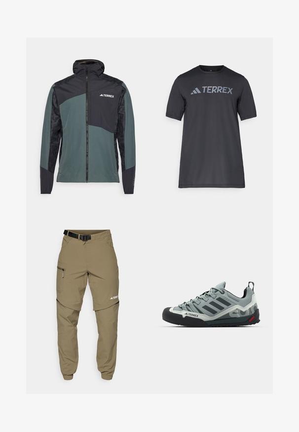 Lett, vanntett jakke i mørkegrønn og svart, med glidelås foran, hette, og et mønstret panel på ermene. Merkevarelogo på brystet.; Svart t-skjorte med kort erm laget av lett stoff, med en lys grå "TERREX" logo på tvers av brystet og rund hals.; Kakhifargede friluftsbukser med justerbart svart belte, glidelåslommer, avsmalnende ermer og avtagbare underben for variert styling.; Grå klatresko med en teksturert overdel, svart gummitåhette, tre mørke striper og en liten rød aksent på sålen.