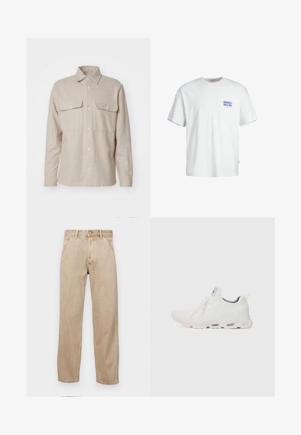 Lichtbeige langekraag overhemd gemaakt van zacht fabric, met een kraag, twee borstzakken en knoopsluiting aan de voorkant.; Witte katoenen t-shirt met een relaxte pasvorm, voorzien van blauwe tekst "ORIGINALS SINCE 1990" op de linkerborst en een geweven label aan de zijkant.; Beige denim jeans met een recht gesneden ontwerp, voorzien van voorzakken, een metalen knoopsluiting en een subtiele textuur.; Witte sportieve schoenen met een gestructureerde gebreide bovenkant, platte veters en een gevoerde zool met zichtbare luchtkamers voor extra ondersteuning.