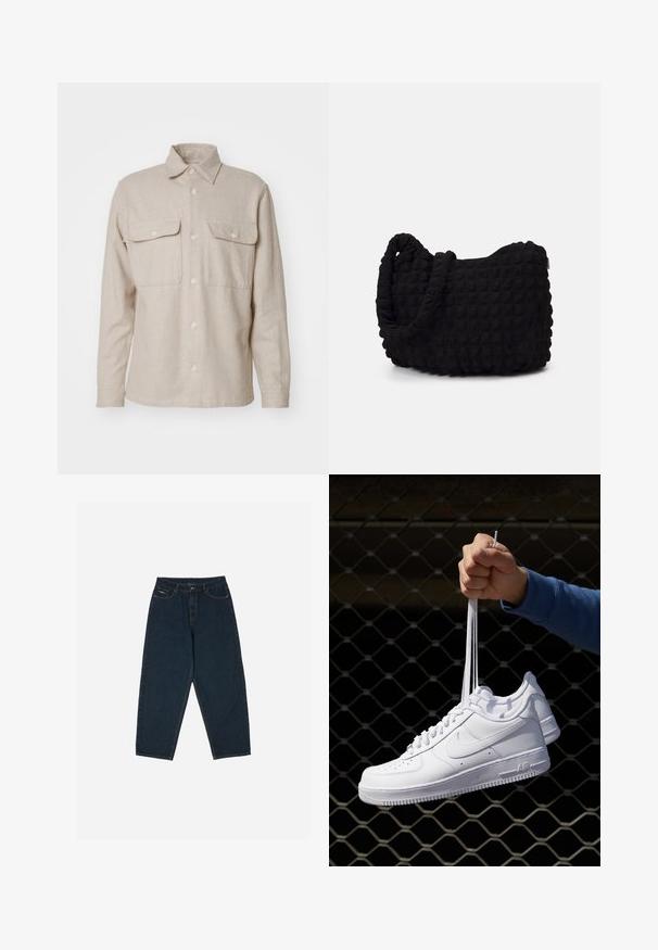 Šviesiai beige spalvos ilgomis rankovėmis marškiniai, pagaminti iš minkštos medžiagos, su apykakle, dviem krūtinės kišenėmis ir sagomis per visą priekį.; Penki juodi apvalaus kaklo marškiniai. Trumpomis rankovėmis, pagaminti iš medvilnės, standartinio kirpimo. Lygus paviršius be matomų raštų ar puošmenų.; Tamsiai mėlynos aukšto liemens džinsai su laisvu siluetu, turintys penkias kišenes ir sagčių užsegimą. Pagaminti iš džinsinio audinio, turinčio lygų paviršių.; Balti odiniai sportiniai bateliai su perforacijomis, apvalia nosimi, plokščiu padu ir storomis raištelėmis, su matomu swoosh logotipu ir "AIR" ant kulno.; Juodas audinio maišelis su tekstūruota, siuvinėta raštu. Apvalios formos, trumpi, stori rankenėlės ir minkšta, lanksti struktūra.