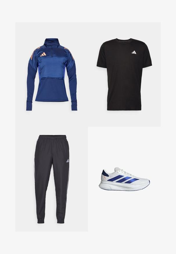 Pulin s vojnoplavi sportskim puloverom s visokim ovratnikom, četvrtim zatvaračem i dugim rukavima. Karakterizira ga lagani materijal i ružičaste naglasne pruge na ramenima.; Crna pamučna majica s kratkim rukavima, okruglim izrezom i bijelim logotipom na lijevoj strani prsnog koša. Glatka tekstura i jednostavan dizajn.; Crne sportske hlače s elastičnom gumicom u struku, s bijelim prugama uz bokove i malim logotipom na kuku. Glatka tekstura.; Bijele sportske cipele s plavim akcentima, mrežastim gornjim dijelom, tri plave pruge, zaobljenim vrhom, laganom potplatu i hrapavom površinom za prianjanje.
