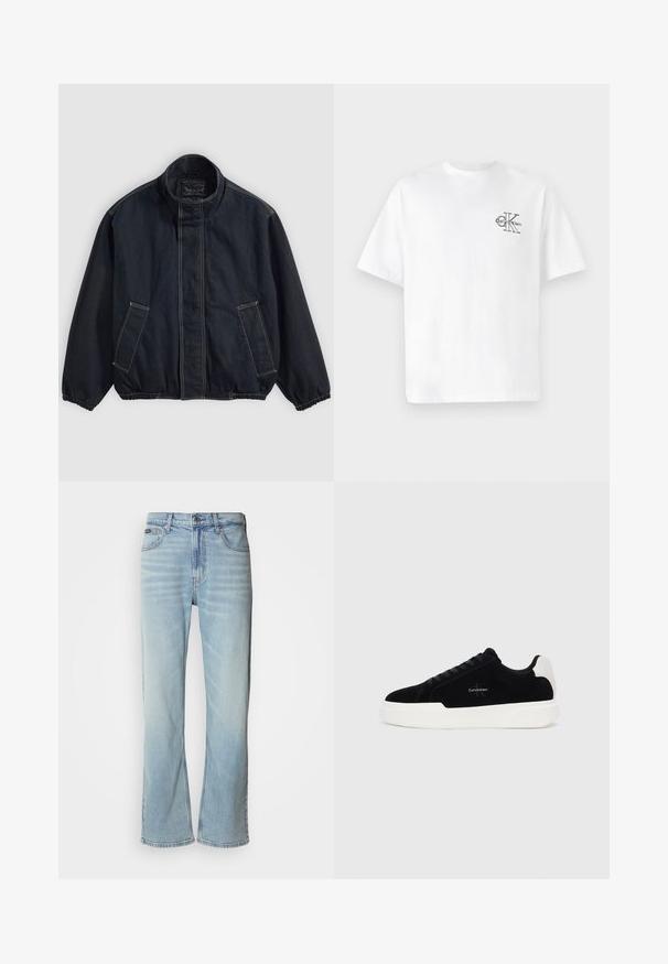 Dunkelblauer Jacke mit Stehkragen, elastischen Bündchen und zwei Fronttaschen. Sichtbare Nähte und eine entspannte, leicht übergroße Passform.; Weißes Baumwoll-T-Shirt mit kurzen Ärmeln, Rundhalsausschnitt, mit einem schwarzen CK-Logo im linken Brustbereich, normale Passform, glatte Textur.; Hellblaue Jeans aus Denim mit geradem Bein, ausgestattet mit fünf Taschen, einem Knopfverschluss und subtilen Verwaschungen im Stoff.; Schwarze Low-Top-Sneaker mit weißer Sohle und Fersenkappe, Schnürung vorne und Calvin Klein-Logo an der Seite.
