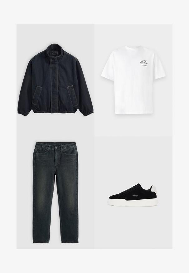 Giacca blu scuro con colletto alto, polsini elastici e due tasche frontali. Dettagli di cucitura visibili e un fit rilassato, leggermente oversize.; T-shirt bianca in cotone a maniche corte, colletto rotondo, con logo CK nero nella zona sinistra del petto, vestibilità standard, texture liscia.; Jeans in denim blu scuro con taglio dritto, dotati di cinque tasche, chiusura con zip e cuciture a contrasto. Leggera scoloritura sul tessuto.; Sneaker nera bassa con suola e linguetta bianca, con lacci sulla parte anteriore e logo Calvin Klein sul lato.