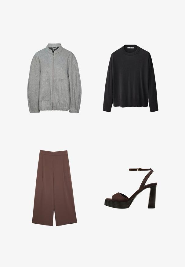 Szary blezer z mieszanki wełny, z wysokim kołnierzem, przednim zamkiem, dwoma bocznymi kieszeniami oraz prążkowaną fakturą. Luźny krój z elastycznym wykończeniem.; Czarny sweter dzianinowy z prążkowanym okrągłym dekoltem, długimi rękawami i prostym dołem. Miękka faktura, minimalistyczny design i wszechstronny styl.; Brązowe spodnie o szerokich nogawkach z gładką fakturą, z wysokim stanem i plisami z przodu. Materiał jest lekki i luźno opada.; Brązowe zamszowe sandały na wysokim obcasie z odkrytymi palcami, regulowanym paskiem na kostce i paskowatą podeszwą.