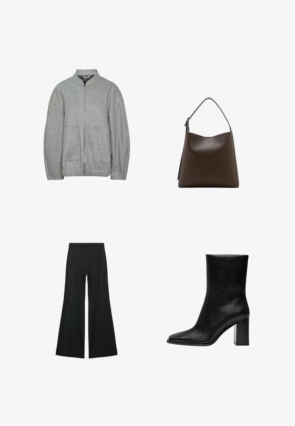 Grijze wolmix jas met een hoge kraag, een ritssluiting aan de voorkant, twee zijzakken en ribbelstructuur. Casual pasvorm met elastische zoom.; Donkergrijze, cropped trui met lange mouwen, een ronde halslijn en een gestructureerde afwerking. Eenvoudig ontwerp zonder patronen of versieringen.; Zwarte wijde-pijpen broek met een gladde textuur, gekenmerkt door voorplooien en een op maat gemaakte uitstraling. De stof is lichtgewicht en vloeiend.; Zwarte enkellaars van glad leer, met een puntige neus en een stevige rechthoekige hak. Minimalistisch ontwerp zonder versieringen.; Bruine leren handtas met een gebogen bovenkant, enkele schouderband en een gladde textuur. Heeft een minimalistisch ontwerp en een open sluiting.