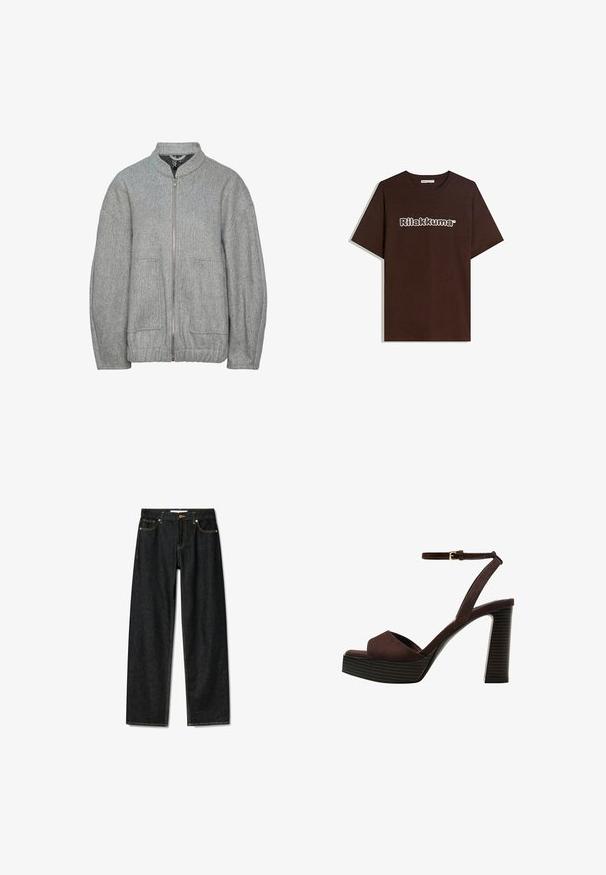Grijze wolmix jas met een hoge kraag, een ritssluiting aan de voorkant, twee zijzakken en ribbelstructuur. Casual pasvorm met elastische zoom.; Bruine katoenen t-shirt met een ronde hals en korte mouwen. De weergegeven tekst in het wit luidt "Rilakkuma." Soepele textuur, casual pasvorm.; Donkerdenim jeans met een rechte snit, messing knoopsluiting en contrasterende gele stiksels. Beschikt over vijf zakken en een klassieke pasvorm.; Bruine suède high-heeled sandaal met een open teen, verstelbare enkelband en een gestreepte plateauzool.
