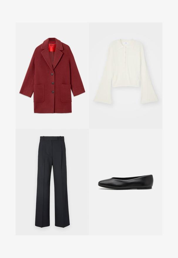 Burgunderfarbener Wollmischmantel mit abgestepptem Kragen, drei schwarzen Knöpfen und zwei vorderen Taschen. Innenfutter in Rot. Lässiger Schnitt und knielang.; Geripptes, cremefarbenes Polohemd mit langen, ausladenden Ärmeln und einer Knopfleiste mit fünf Knöpfen. Verfügt über einen Kragen mit einer weichen Textur.; Dunkelblaue Nadelstreifenhosen mit hoher Taille, weit geschnittenem Bein und ohne sichtbare Beschläge oder Verzierungen. Glatte Textur und taillierte Passform.; Paul Smith TOPANGA - Klassischer Ballerina - black