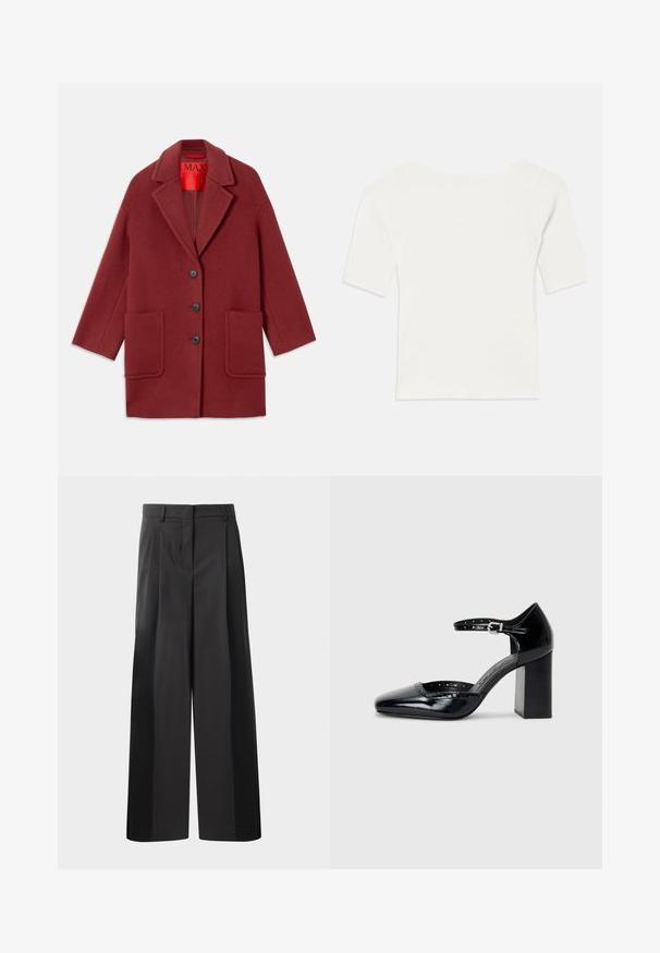 Manteau en mélange de laine bordeaux avec un col cranté, trois boutons noirs et deux poches avant. Doublé de rouge. Coupe décontractée et longueur genoux.; Haut blanc à col large et à manches courtes avec une texture côtelée. Les rayures verticales mettent en valeur une coupe ajustée et un design simple.; Pantalon large noir avec une taille haute, doté de plis avant, d'une texture lisse et d'une finition ajustée. Conçu pour un ajustement décontracté.; Chaussures à talons hauts en cuir verni noir avec un bout carré, une bride de cheville et un talon épais. Comprend des détails perforés le long du bord.