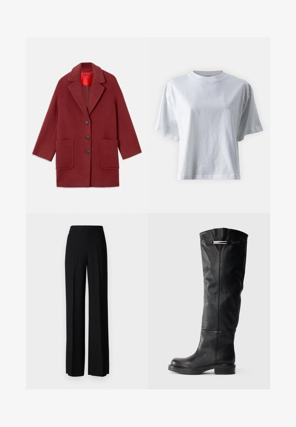 Bordeaux wollen mix jas met een geknipte kraag, drie zwarte knopen en twee voorzakken. Voering in het rood. Relaxte pasvorm en knie-lengte.; IVY OAK KYLA - T-shirt basic - bright white; Zwarte wijde broek met een gladde textuur, voorzien van een hoge tailleband en middelste plooien. Geen zichtbare patronen of hardware-details.; Hielhoge zwarte leren laarzen met een gladde textuur, een ronde neus en een lage blokhak. Met een zilverkleurige accenten aan de bovenkant.