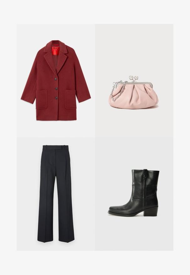 Burgundy wool blend coat with a notched collar, three black buttons, and two front pockets. Lined in red. Relaxed fit and knee-length.; Long-sleeve, light beige top with a round neckline. Made of soft fabric, features a central seam and slightly curved hem. No visible hardware.; Dark blue pinstriped trousers with a high waist, wide leg design, and no visible hardware or embellishments. Smooth texture and tailored fit.; Black leather ankle boot with a rounded toe, block heel, side zipper, and stitching accents on the vamp. Smooth texture, classic design.; Pink leather clutch bag with a gathered design, metal frame, two round clasps, and a silver chain strap. Smooth texture, compact shape.