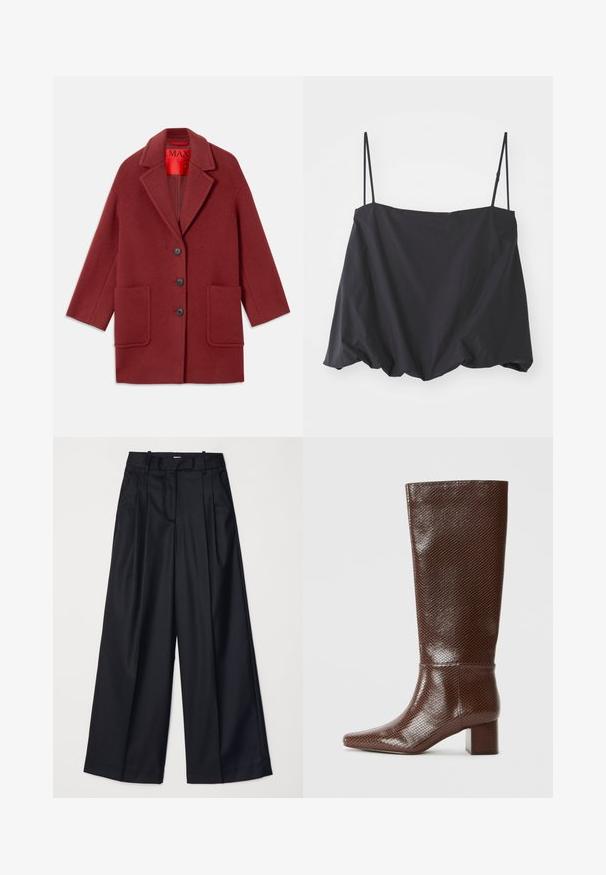 Burgundska volnena jakna z notched ovratnikom, tremi črnimi gumbi in dvema sprednjima žepoma. Podložena v rdeči barvi. Ohlapen kroj in dolžina do kolen.; Črna brezrokavna majica s tankimi naramnicami, ohlapen kroj in zbrani rob. Narejena iz lahkega blaga z gladko teksturo.; Črne široke hlače iz gladkega blaga, z visokim pasom, naborki in prirejenim dizajnom. Preprosta črna strojna oprema na pasu.; Rjavi čizmi do kolen z vzorcem kačjega usnja, kvadratnim prstom in blok peto na enobarvni beli ozadju.
