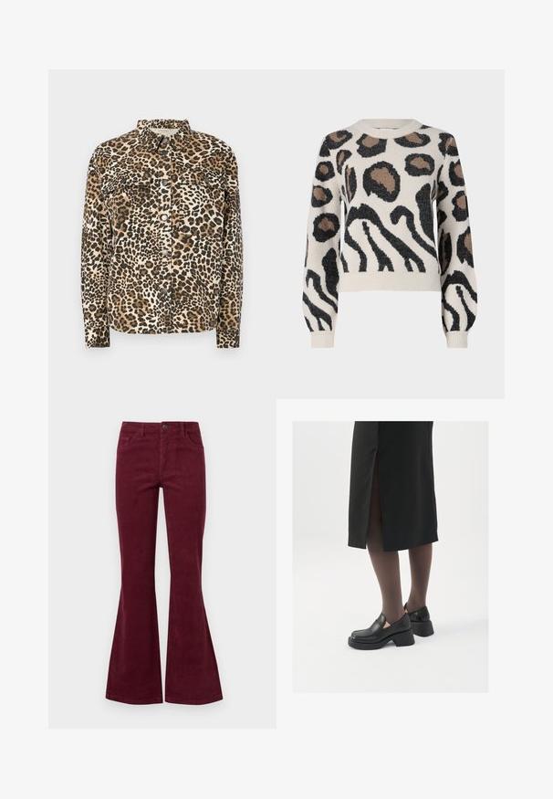 Korte mouwen shirt met luipaardprint, knoopsluiting, twee borstzakken en een klassieke kraag. Gemaakt van zachte, gestructureerde stof.; JDY LORRAINE - Trui - cement; Bordeaux corduroy flare jeans met vijf zakken, een sluiting met een knoop aan de voorkant en een gestructureerde stof. De flare loopt van de knie tot de zoom.; Zwarte leren schoenen met een ronde neus, dikke blokhak en elastische zijkanten, gecombineerd met donkere panty's en een zwarte rok met een split.