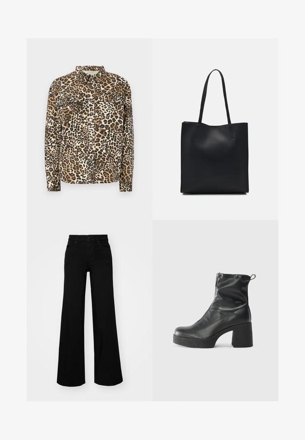 Cămașă cu imprimeu leopard, cu mâneci lungi, închidere cu butoane, două buzunare pe piept și guler clasic. Confecționată din material moale și texturat.; Tricou negru cu mânecă scurtă, decolteu rotund, realizat din țesătură de bumbac neted; croială lejeră, design minimal, fără modele sau accente vizibile.; Pantaloni negri cu picioare largi, din denim, cu un brau structurat, bucle pentru curea și buzunare frontale. Textură netedă, cu un design clasic.; Bocanci negri de glezna din piele netedă, cu fermoar lateral, toc texturat și masiv, și design cu vârf rotund.; Geantă tote neagră din piele, cu textură netedă, formă rectangulară și două mânere lungi. Fără hardware vizibil sau ornamente.