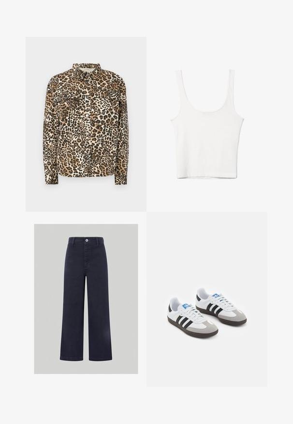 Halenka s potlačou leopardího vzoru, dlhé rukávy, zapínanie na gombíky, dve náprsné vrecká a klasický golier. Vyrobená z mäkkého, textúrovaného materiálu.; Biely bavlnený top bez rukávov s okrúhlym výstrihom a priliehavým strihom. Hladká textúra, jednoduchý dizajn a minimálne švy.; Široké nohavice v námornickej modrej farbe, vyrobené z hladkej zmesi bavlny, s predným zapínaním na gombík a prešitými detailmi pozdĺž pásu a vreciek.; Športové topánky s bielym koženým zvrškom, šedou semišovou špičkou a tromi čiernymi pruhmi. Obsahujú modré logo na jazyku a štruktúrovanú gumovú podrážku.