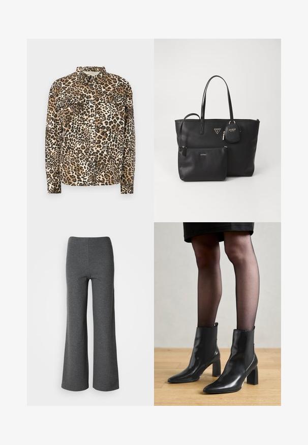 Camisa com padrão de leopardo, mangas longas, fecho de botão, dois bolsos no peito e colarinho clássico. Feita de um material macio e texturizado.; Duas blusas sem mangas em preto e branco, feitas de algodão canelado, com decotes redondos e um design ajustado. Etiquetas visíveis em ambas.; Calças largas cinzentas feitas de tecido macio, com uma textura suave e um design de cintura alta sem fechos visíveis.; Botas de tornozelo em couro preto com bico fino, salto quadrado robusto e design elegante. Apresenta painéis laterais elásticos para facilitar o calçar.; Saco tote em couro sintético preto com duas alças, um bolso frontal com fecho e uma bolsa destacável. Accentuações em metal dourado destacam o logotipo da marca.