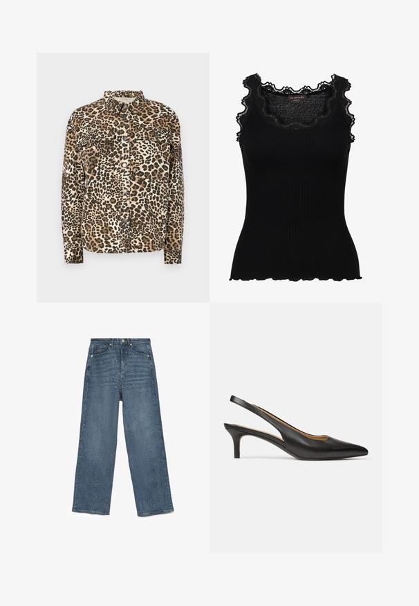 Leopard print shirt with long sleeves, button closure, two chest pockets, and a classic collar. Made from soft, textured material.; Black ribbed tank top with lace trim at the neckline and armholes. Features a fitted design and scalloped edges for added texture.; Blue denim wide-leg jeans with a textured pattern, five-pocket design, metal button closure, and stitched hems, showcasing a relaxed fit.; Black leather slingback pump with pointed toe and low kitten heel, shown from side on a plain white background.