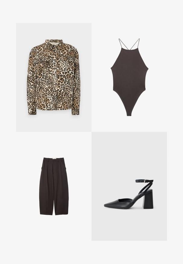 Løveprint skjorte med lange ærmer, knaplukning, to brystlommer og klassisk krave. Lavet af blødt, struktureret materiale.; Brun højhalset heldragt badedragt med tynde, justerbare stropper; har højt skåret ben og glat tekstur. Ingen mønstre eller udsmykninger.; Sorte brede bukser lavet af et glat stof, med høj talje, forfaldne folder og sidelommer. Simpelt design uden udsmykninger.; Sort læder spidse pumps med ankelrem og en chunky hæl. Flad tekstur, slankt design og minimalistisk æstetik.