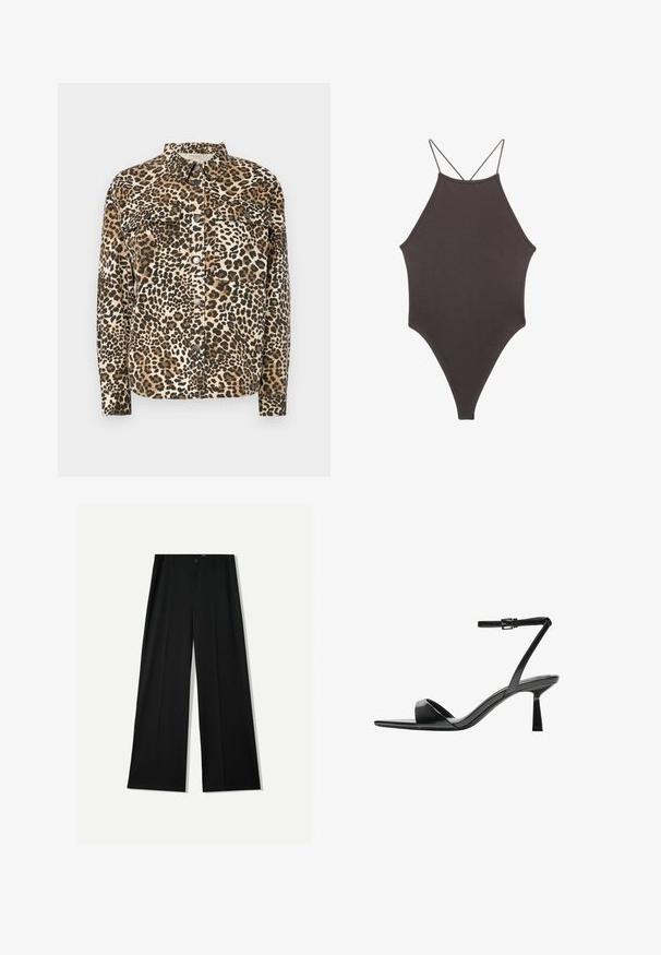 Halenka s potlačou leopardího vzoru, dlhé rukávy, zapínanie na gombíky, dve náprsné vrecká a klasický golier. Vyrobená z mäkkého, textúrovaného materiálu.; Hnedé, vysoký krk jednodielne plavky s tenkými, nastaviteľnými ramienkami; s vysokým strihom na nohách a hladkým povrchom. Bez vzorov alebo ozdôb.; Bershka WIDE - Nohavice - black; Bershka Sandále na vysokom opätku - black