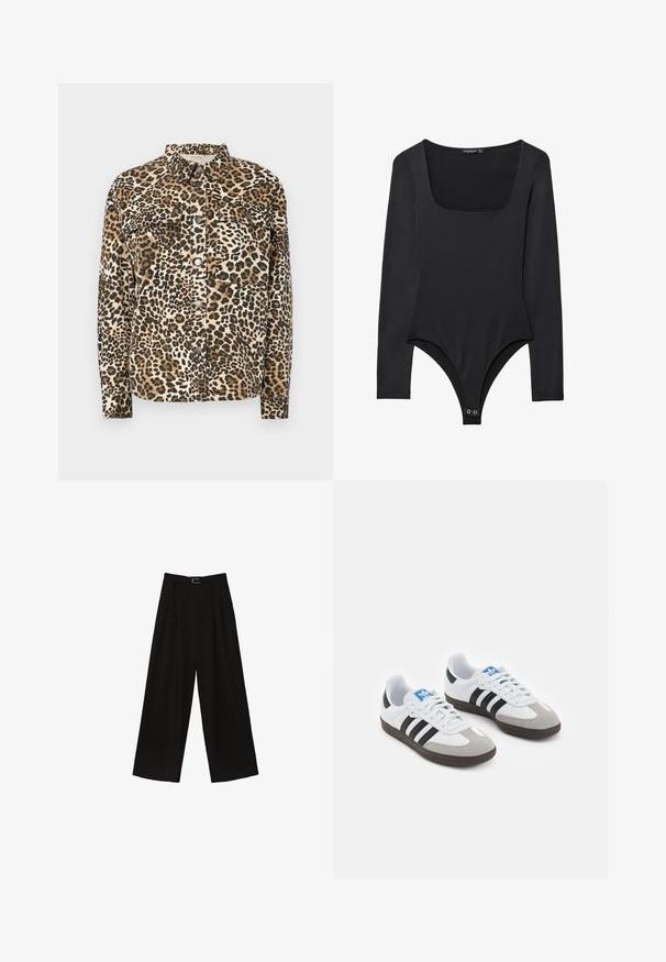 Košulja s printom leoparda, dugih rukava, s kopčanjem na dugmad, dva džepa na prsima i klasičnom kragnom. Izrađena od mekanog, teksturiranog materijala.; Crna bodi s dugim rukavima, kvadratnim izrezom i dugmadi na preponama, položen na bijeloj pozadini.; Crne široke hlače s visokim strukom, s pojasom u struku i plisirima za teksturu. Izrađene od glatkog, laganog materijala.; Sportske cipele s gornjištem od bijele kože, sivi suedinasti nos i tri crne pruge. Imaju plavi logo na jeziku i teksturiranu gumenu podlogu.