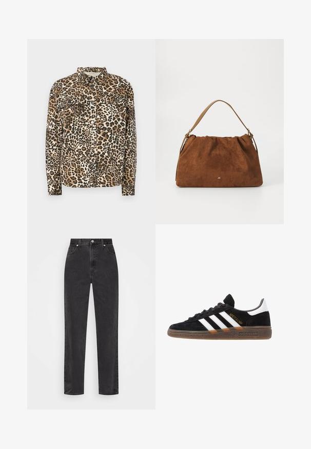Løveprint skjorte med lange ærmer, knaplukning, to brystlommer og klassisk krave. Lavet af blødt, struktureret materiale.; Brun langærmet t-shirt med leopardprint, rund halsudskæring og let stræk. Lille logopatch på forsiden.; Sorte denim jeans med lige ben, høj talje, foran knap og lynlås, samt fem-lomme stil på en hvid baggrund.; Sort Adidas sneakers med hvide striber, guld "Spezial" tekst, gummisål og hvid hælflap, vist i profil.; Brun ruskind handbag med en samlet design, der har en enkelt tan læderstrop og en subtil guld logo detalje på fronten.