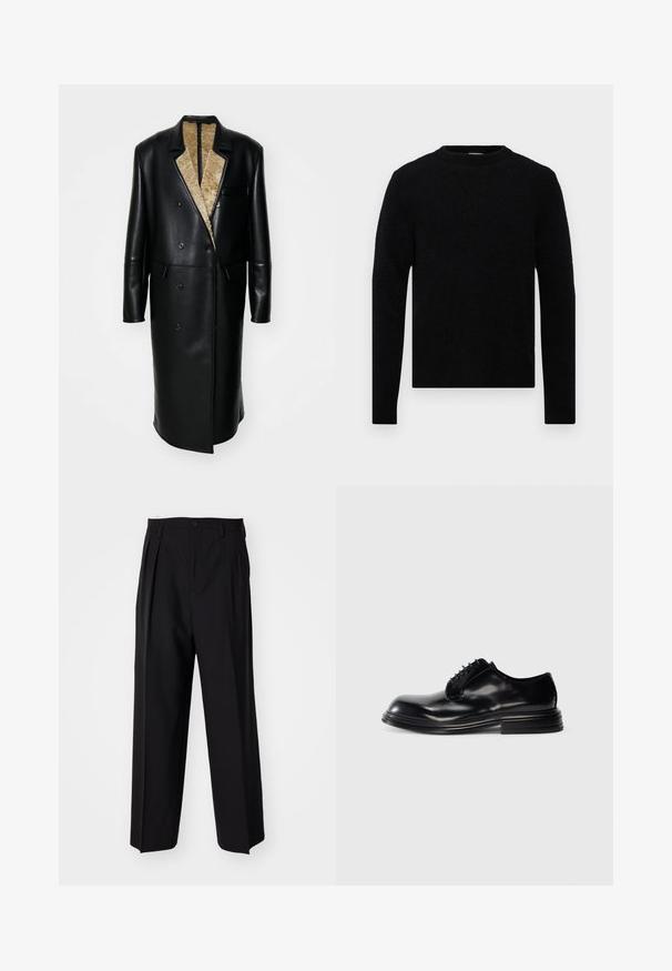Mustmust nahkjope, millel on topeltkinnis ja suur sakiline krae, tekstuuriga beež vooder ja küljetaskud.; Filippa K SWEATER - Džemper - black; Mustad volditud püksid sirge ja laia säärega disainiga. Valmistatud siledast kangast, millel on nuppudega sulgemine ja vööaasad.; Mustad musta nahast dressijalanõud, ümmarguse varbaga, sileda viimistluse, paeltega kinnituse ja kihilise kontsaga. Minimalistlik stiil, ilma nähtavate logo'deta.