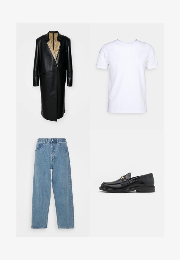Casaco de couro preto com design de duplo peito, grande gola recortada, um forro texturizado bege e bolsos laterais.; Camiseta branca de mangas curtas em tecido de algodão com decote redondo. Design simples, sem padrões ou detalhes. Textura suave.; Jeans de denim azul claro com cintura alta e corte relaxado, apresentando dois bolsos frontais, um bolso traseiro com etiqueta e fecho de botão.; Mocassins de couro preto com bico arredondado, apresentando detalhes em metal dourado e costura, montados sobre uma sola de borracha texturizada e baixa.