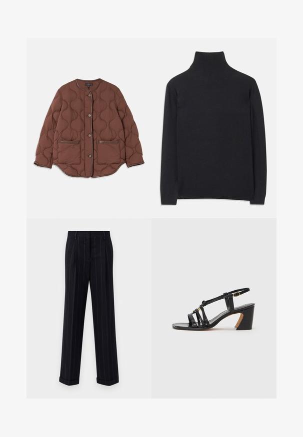 Barna steppelt dzseki, kerek nyakkivágással, elől gombos záródással, két elülső zsebbel és sima bőrkiegészítőkkel a széleken.; Fekete garbó pulóver puha anyagból. Hosszú ujjakkal, magas nyakkal és bordázott mandzsettákkal, valamint aljjal rendelkezik, ami karcsú megjelenést kölcsönöz.; Fekete csíkos nadrág, testre szabott fazonnal, cuffolt szegéllyel és elülső redőkkel. Sima anyagból készült, strukturált kialakítással.; Paul Smith AMIRA - Klasszikus sarkú cipők - black