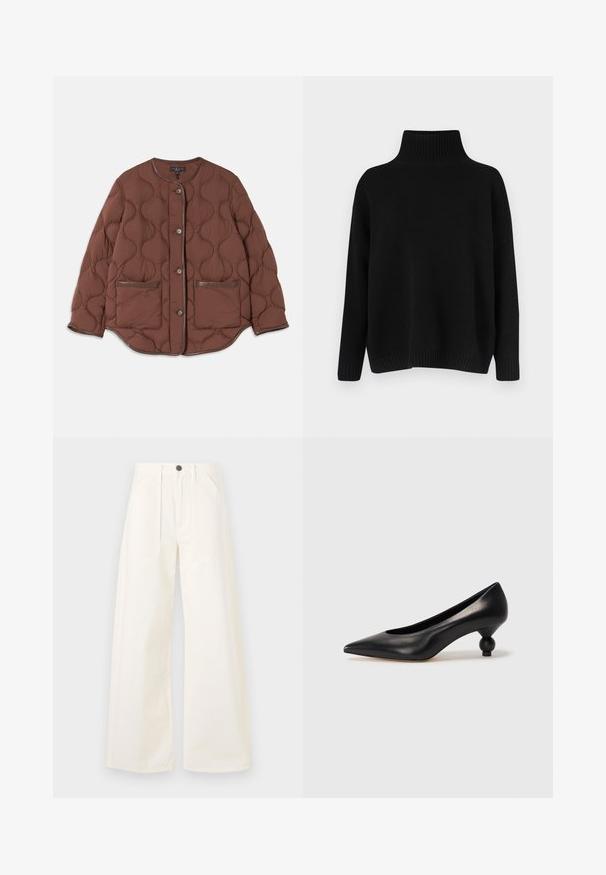Veste matelassée marron avec un col rond, fermeture à boutons sur le devant, deux poches avant et des accents en cuir lisse le long des bords.; Pull noir en maille avec un col montant côtelé, des épaules tombantes et une coupe décontractée. Comprend des poignets et un ourlet côtelés pour la texture.; Pantalons à jambes larges en coton blanc cassé, avec une taille haute, deux poches avant et une fermeture à bouton sur le devant.; Chaussure à talon haut en cuir noir avec un bout pointu et un talon arrondi. Texture lisse avec un design épuré et minimal.