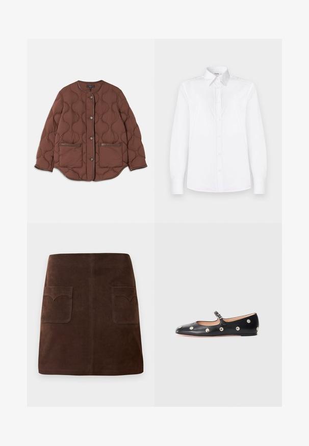 Bruine gewatteerde jas met een ronde halslijn, sluiting met knopen aan de voorkant, twee voorzakken en gladde leren accenten langs de randen.; Witte lange mouwen shirt van soepel stof, met een kraaglijn en een knoopsluiting met lichtroze knopen.; Bruin suède rok met een klassieke A-lijn vorm, twee voorzakken met ronde kleppen en subtiele stikdetails.; Zwarte leren Mary Jane ballerina met een ronde neus, voorzien van zilveren ronde studs en een verstelbaar bandje met een gesp.