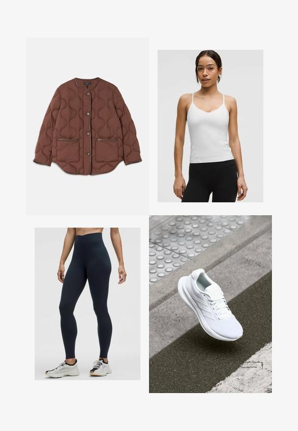 Veste matelassée marron avec un col rond, fermeture à boutons sur le devant, deux poches avant et des accents en cuir lisse le long des bords.; Débardeur blanc avec de fines bretelles, design en V, et silhouette ajustée. Texture lisse, détails minimaux, porté avec des leggings noirs.; Leggings taille haute bleu marine en tissu extensible, dotés d'une texture lisse et d'un design ajusté. Portés avec des chaussures de sport blanches et noires.; Baskets blanches de sport avec une tige en maille, un design à lacets et une semelle texturée. Marquage subtil et détails de construction sans coutures visibles.