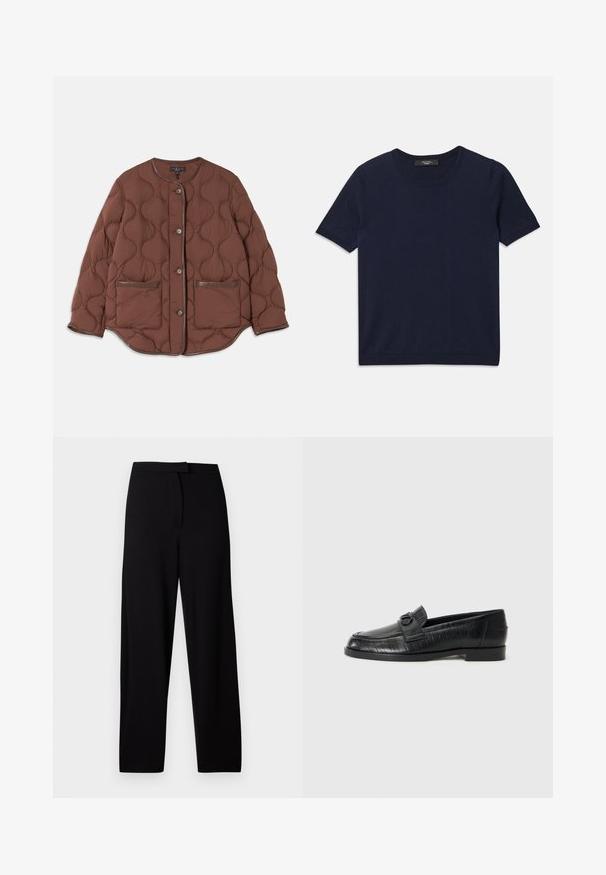 Rudas pagalvių pamušalas su apykakle, priekyje užsegamas mygtukais, dviem priekinėmis kišenėmis ir lygiais odiniais akcentais iš šonų.; Tamsiai mėlynas trumpų rankovių marškinėliai, pagaminti iš minkštos medžiagos, su apvaliu kaklu ir šonkauliniais kraštais, lygi tekstūra ir be matomų raštų.; Juodos plačios kelnės, pagamintos iš minkštos, tamprios medžiagos. Turi lygią juosmenį ir nematomas siūles bei kišenes. Paprastas ir universalus dizainas.; Juodos odinės loafers tipo avalynės su lygia viršutine dalimi, iškilniu linijiniu raštu ir dekoratyvia užsegimu ant vampo. Žemas, stačiakampis kulnas.