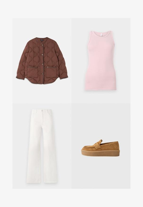 Veste matelassée marron avec un col rond, fermeture à boutons sur le devant, deux poches avant et des accents en cuir lisse le long des bords.; Débardeur rose clair en tissu doux et extensible. Il présente un col rond et des bretelles étroites, avec une texture lisse et une coupe ajustée.; Jean large blanc taille haute en denim. Se ferme par un bouton, dispose de deux poches avant et de coutures détaillées sur les côtés.; Mocassin en daim brun à bout rond, avec une semelle plateforme striée et une bande décorative sur le dessus.
