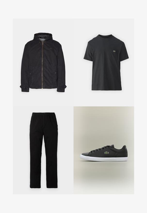 Lacoste Lett jakke - black; Svart bomull t-skjorte med korte ermer, rund hals og en liten grønn logo på venstre brystlomme. Enkelt design, normal passform.; Sorte bukser laget av bomullsblandet stoff, med rett snitt, elastisk midjebånd med knapp, og uten synlige mønstre eller detaljer.; Svarte lær sneakers med hvit gummisåle, med grønt krokodillelogo og runde snører, elegant design med glatt tekstur.