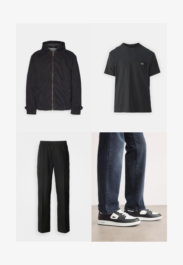 Lacoste Viegla jaka - black; Melnas kokvilnas T-krekls ar īsām piedurknēm, apaļu kakla izgriezumu un mazu zaļu logotipu kreisajā krūšu kabatē. Vienkāršs dizains, regulāra piegriezuma.; Melni bikses ar taisnajām kājām, izgatavotas no gludas auduma. Aprīkotas ar elastīgu jostasvietu un pogu aizdari.; Melnbalti Lacoste sporta apavi ar teksturētu ādas augšdaļu, ar saistēm un baltu gumijas zoli. Nēsāti ar tumšām džinsām.