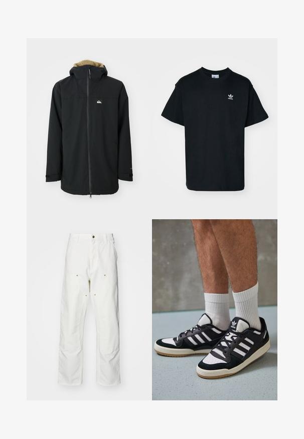 Casaco impermeável preto com capuz forrado a pelo, fecho dianteiro e logotipo. Apresenta mangas longas e punhos ajustáveis. Tecido texturizado.; T-shirt preta de algodão com gola redonda e mangas curtas, apresentando um pequeno logótipo branco da Adidas na área do lado esquerdo do peito.; Calças cargo brancas em algodão com um corte descontraído. As características incluem bolsos frontais, detalhes em metal dourado e áreas de joelhos reforçadas.; Ténis em preto e branco com upper em camurça e couro, apresentando três riscas brancas, um toe perfurado e uma sola em borracha de goma.