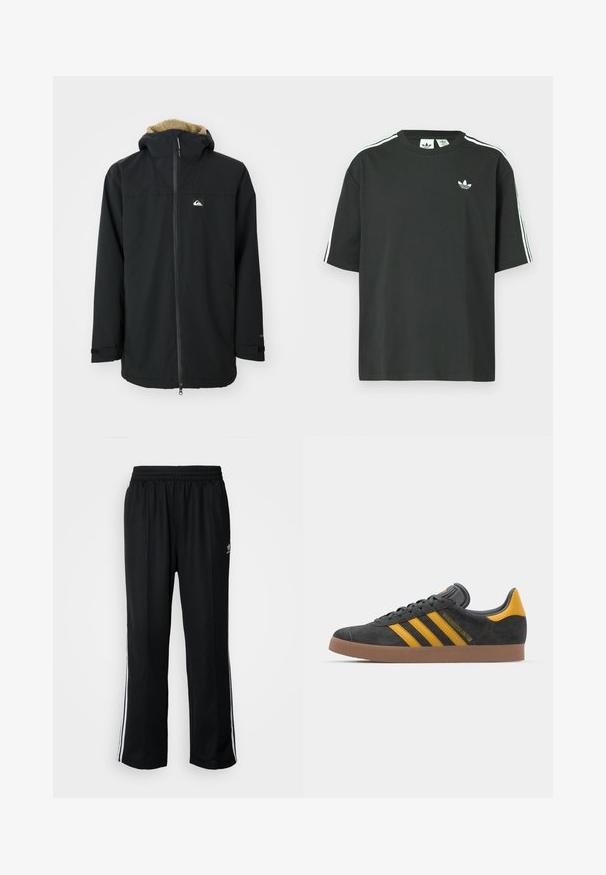 Svart vanntett jakke med en hette foret med pels, frontglidelås og logo-patch. Har lange ermer og justerbare mansjetter. Teksturert stoff.; Svart t-skjorte i bomull med korte ermer, rund hals og hvite trestripesdetaljer på skuldrene. Har en liten hvit logo på brystet.; Sorte treningsbukser med elastisk midjebånd, med hvite sidestiper og en liten logo. Materialet ser mykt og lett ut.; Sort skinnesko i svart semsket skinn med gule detaljer, med tre striper og en brun gummisåle. Inkluderer en polstret tunge for komfort.