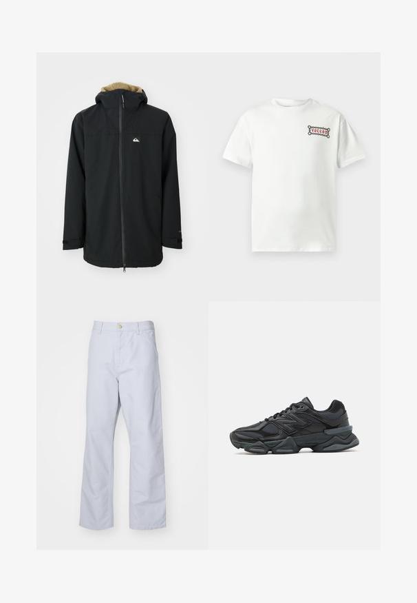 Juodas vandeniui atsparus striukė su pūkų pamušalu kapuce, priekyje su užtrauktuku ir logotipo aplikacija. Sukurta su ilgomis rankovėmis ir reguliuojamais audinių rankogaliais. Tekstūruotas audinys.; Balti medvilniniai marškinėliai trumpomis rankovėmis, prie krūtinės kairėje pusėje su stačiakampiu raudonos ir juodos spalvos grafiniu dizainu su „Volcom“ logotipu.; Šviesiai mėlyni, tiesaus kirpimo medvilniniai džinsai. Turintys priekinę kišenę, užtrauktuką ir vieną metalinį mygtuką juosmens dalyje.; Juodas bėgimo batelis, pagamintas iš tinklinės ir sintetinės medžiagos, turintis stambų pado dizainą, kreivą formą ir ryškią prekės ženklą šone.