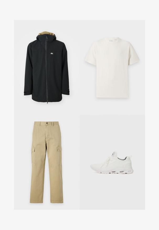 Černá voděodolná bunda s kapucí podšitou kožešinou, předním zipem a logem. Má dlouhé rukávy a nastavitelné manžety. Texturovaná tkanina.; Bílý krátký rukáv tričko s pružnou strukturou. Kulatý výstřih, volný střih, bez viditelných vzorů nebo detailů. Jednoduchý a univerzální design.; Beige cargo kalhoty vyrobené z bavlny, s dvěma bočními kapsami, knoflíkovým zapínáním a rovnými nohavicemi z mírně texturované látky.; Bílé sportovní boty s texturovaným pleteným svrškem, plochými tkaničkami a polstrovanou podešví s viditelnými vzduchovými komorami pro zvýšenou podporu.