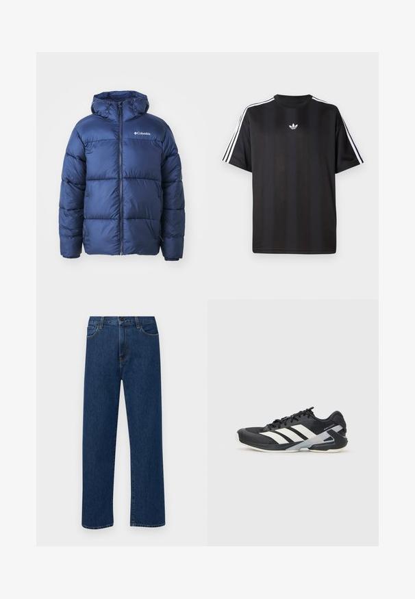 Chaqueta acolchada azul marino con capucha, que cuenta con un cierre frontal de cremallera, puños elásticos y un diseño de acolchado. Logo de Columbia en la parte superior del lado izquierdo del pecho.; Camiseta negra de manga corta con detalles de tres rayas blancas en los hombros y un pequeño logo blanco en el pecho. Textura de tela suave.; Jeans de denim de pierna recta en azul oscuro con bolsillos delanteros y cierre de botón, exhibidos sobre un fondo blanco liso.; Zapatilla deportiva negra con franjas blancas, parte superior de malla, punta redondeada y suela acolchada. Presenta un talón texturizado y un sistema de cordones seguro.